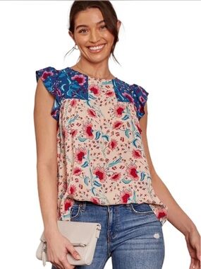 Andre by Unit  Floral Patchwork Ruffle Sleeve Top Pink & Blue 3X ❤️ BRB SL 4